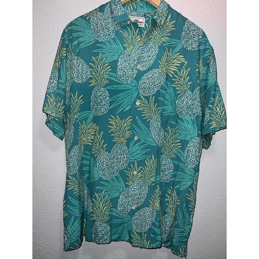 REYN SPOONER  Hawaiian  Pineapple Shirt Mens 2XL Green Aloha Spun Rayon Vacation